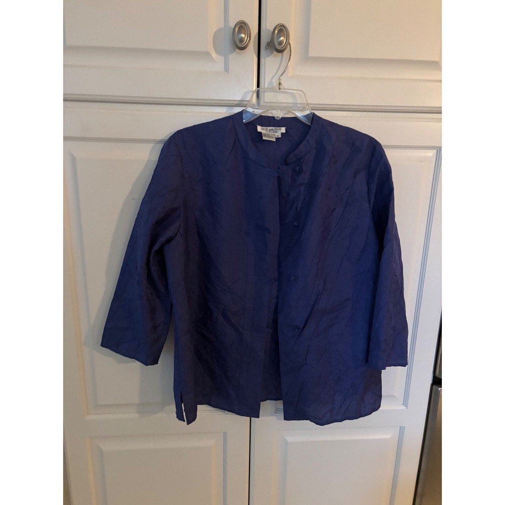 Due per Due Collection Navy Blue 100% Silk Crinkle Frog Button Jacket Size 8